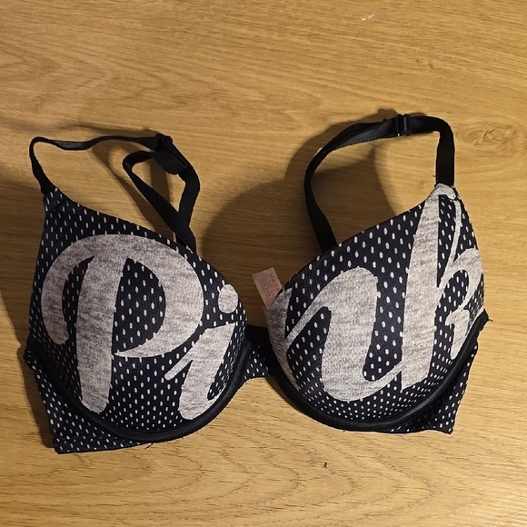Victoria's Secret PINK Push Up Bra Black White Polka Dot Logo 32B - Picture 1 of 2
